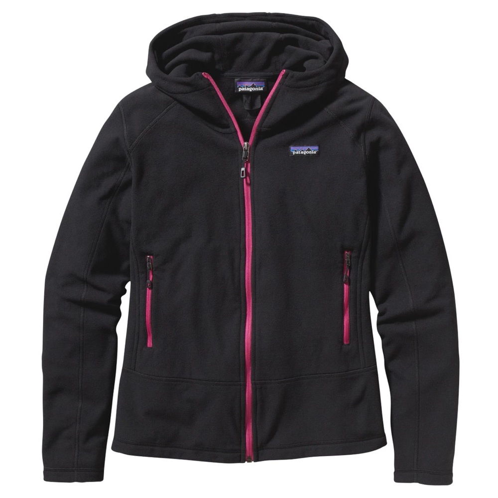 Patagonia Black Hooded Fleece Jacket with Pink Zip Accents